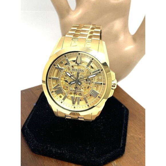 Bulova Men's Watch 97A162 Automatic Skeletonized Dial Gold Stainless Steel 43mm - Picture 1 of 15
